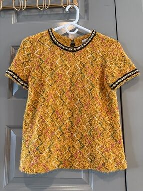 Zara Mustard Tweed Short-Sleeve Sweater with Embellished Trim